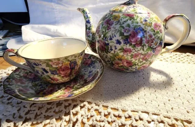 Royal Winton Grimwades Summertime Chintz Teapot Tea Cup Saucer Set
