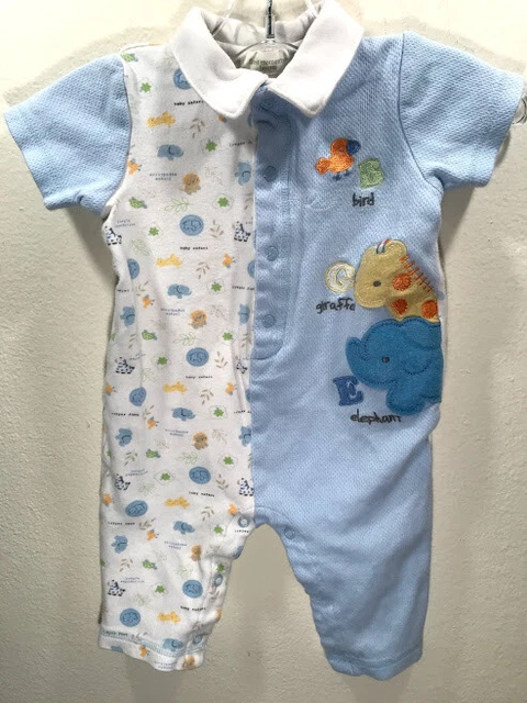 First Moment Layette Infant Baby Boy Blue Animal Print Romper Size 6-9 Months