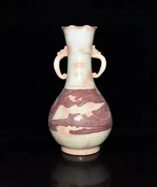 11.9" old antique yuan dynasty underglaze red porcelain phoenix double ear vase