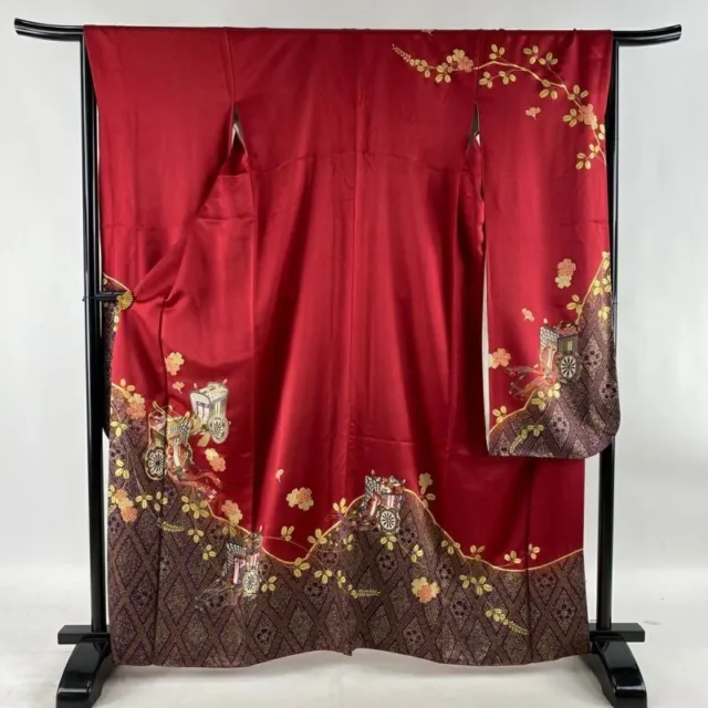 Japanese Kimono Furisode Pure Silk Goshoguruma Cherry Blossom Gold Paint Red