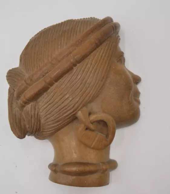 Philippine Hand Carved Wood womans face wall plaque side view Vintage