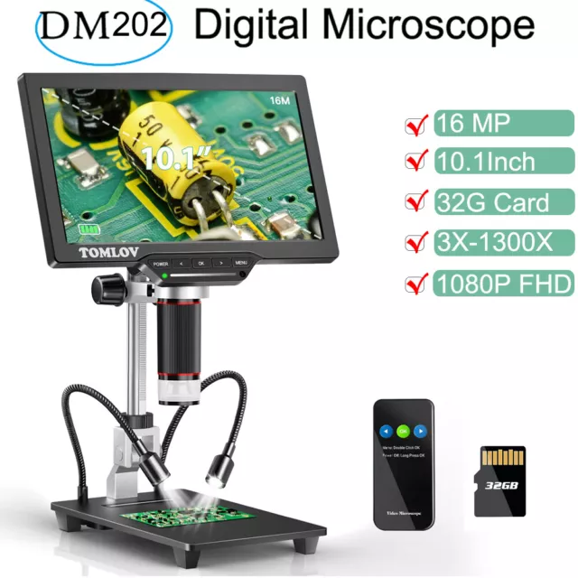 TOMLOV DM202 Digitalmikroskop, 10.1"LCD Screen+10" verbesserter Stand, 32G Karte