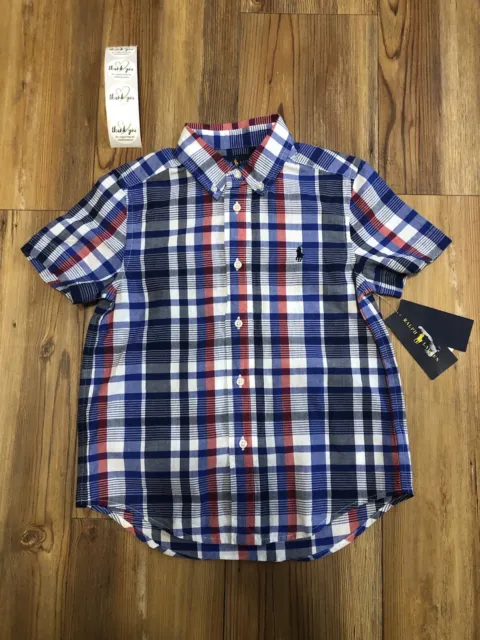 New RALPH LAUREN Blue Red Plaid Flannel Short Sleeve Shirt Little Boys Size 5