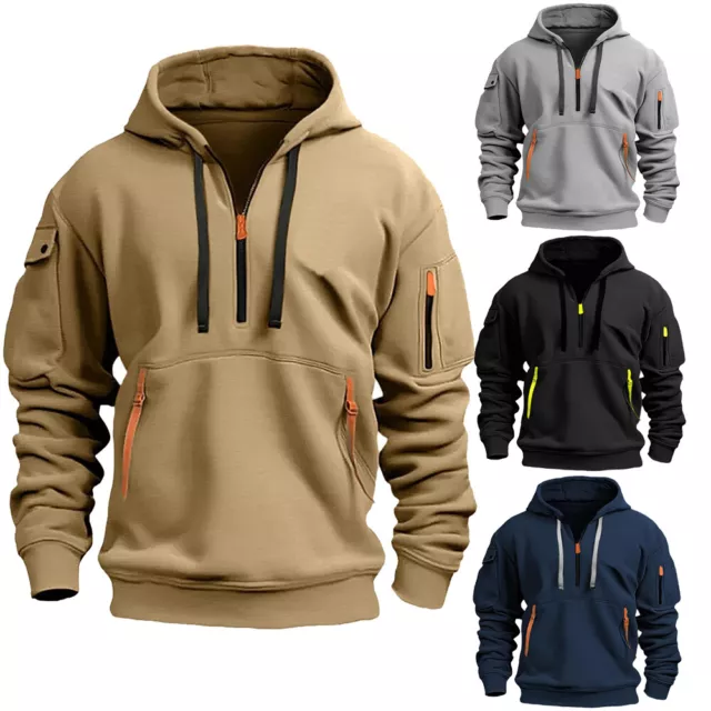 Men Retro Sweatshirt Half Zip Up Work Jumper Hoodie Hooded Jacket Oversized Coat