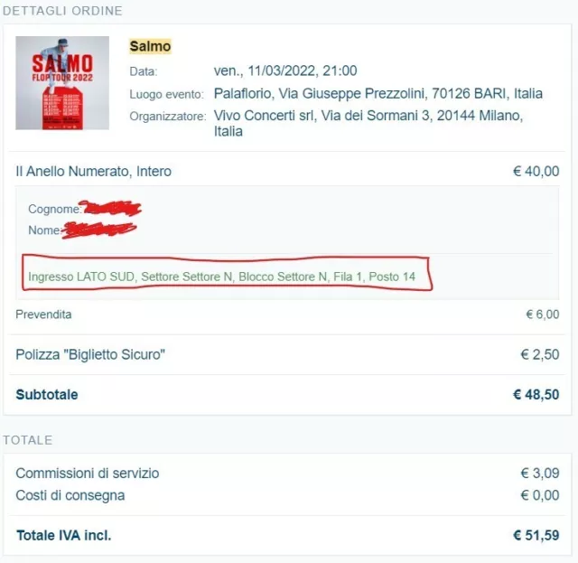 TICKET BIGLIETTO CONCERTO SALMO FLOP TOUR - Data BARI PALAFLORIO