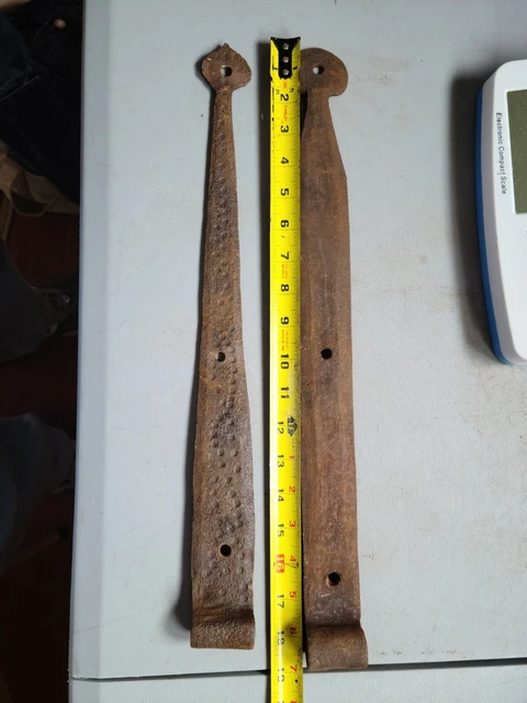 Antique Primitive Hand Forged Strap Hinges Barn / Gate Ornate Hinges 18 & 18 3/4