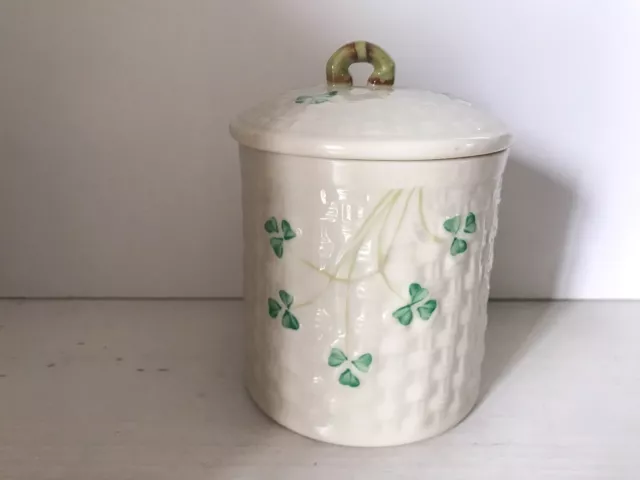 Vintage 1965-80 BELLEEK Irish Shamrock Lidded Jam Pot Jar Basketweave Green