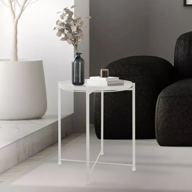 Mesa redonda de metal auxiliar con bandeja extraíble plegable blanca Ø45xAL52 cm