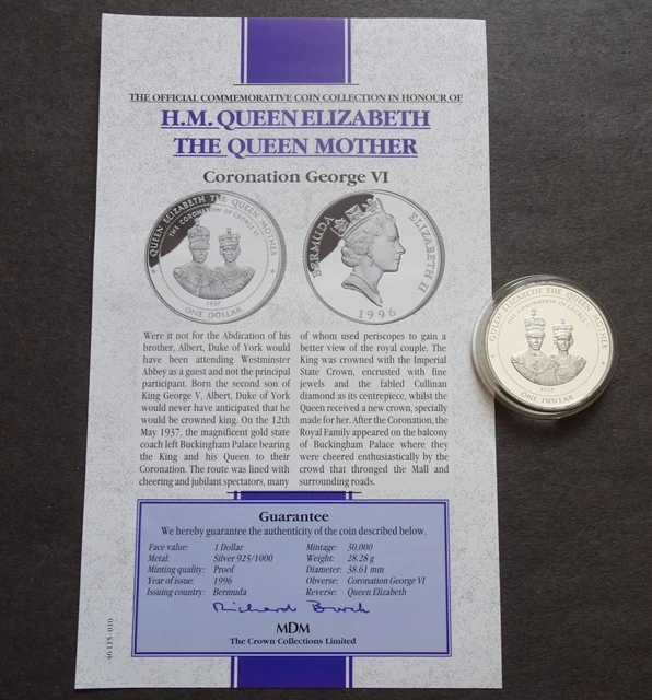1996 Bermuda Silver Proof Crown Coin. $1 Dollars. George VI. Royal Mint COA