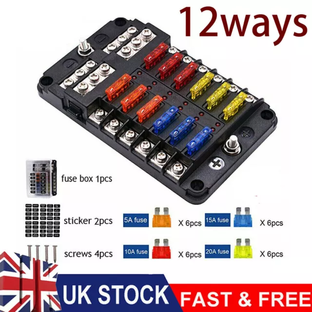 12 Way LED Fuse Box Holder for Standard Blade Fuses with Warning Light 12V 24V ~