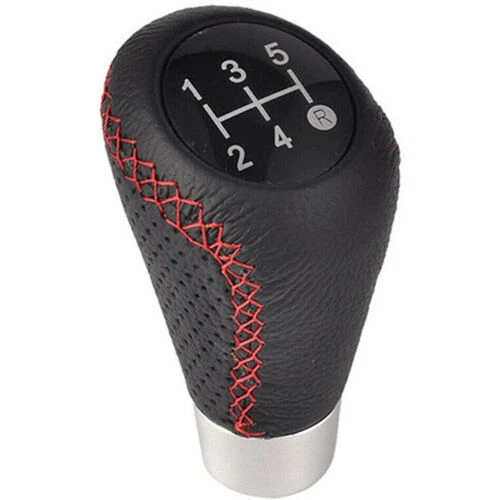 5 Speed Black&Red Line Leather Aluminum Manual Car Gear Shift Knob Shifter L