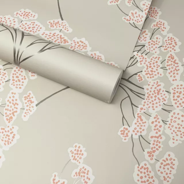 Paste The Wall - Light Grey, White and Coral Banyan Trees Wallpaper - FD22413