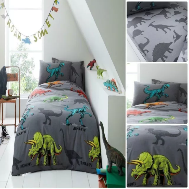 Dino Friend Duvet Cover Set Reversible Matching Quilt Pillowcase & Fitted Sheet