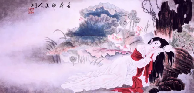 HANDPAINTED ORIENTAL ASIAN ART CHINESE FIGURE WATERCOLOR PAINTING-Flower&Beauty