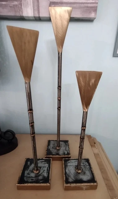 Brutalist signed brushed Brass or Bronze and silver metal Candle Sticks-(set3)