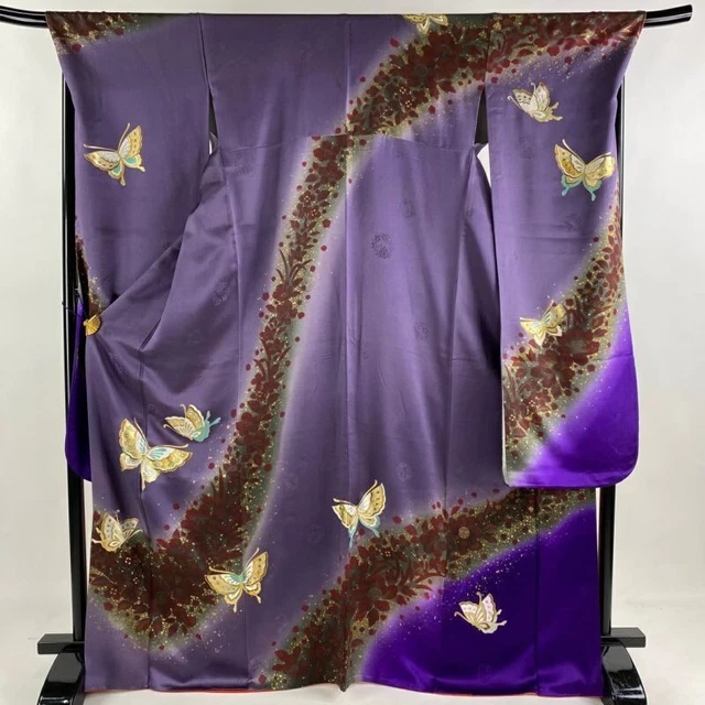 Woman Japanese Kimono Furisode Silk Butterfly Flower Gold Silver GrayPurple