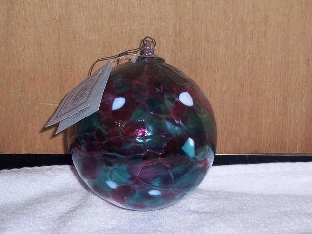 Kitras Hand Blown Art Glass Calico 5" Green Mauve White Ball Window Ornament 5"