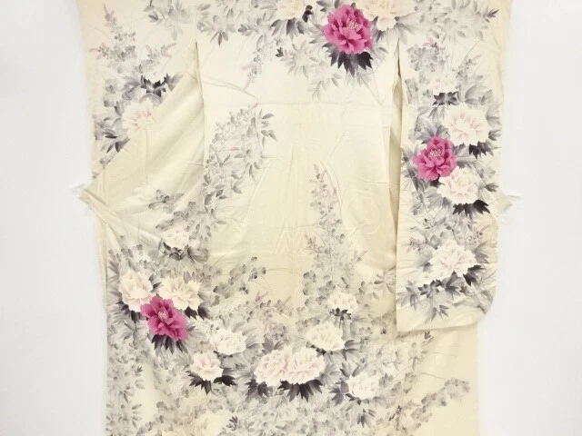 85736# Japanese Kimono / Antique Furisode/  Peony & Floral Plants