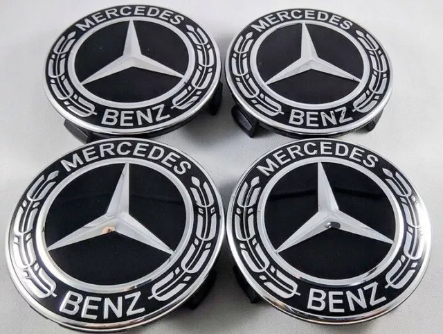 4x Für Mercedes-Benz Nabendeckel Nabenkappen Felgendeckel 75mm Schwarz/Chrom DE+