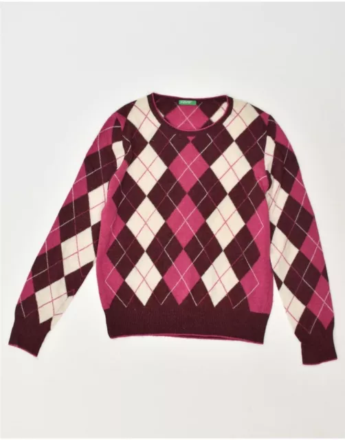 BENETTON Womens Crew Neck Jumper Sweater UK 14 Large Pink Argyle/Diamond AP17