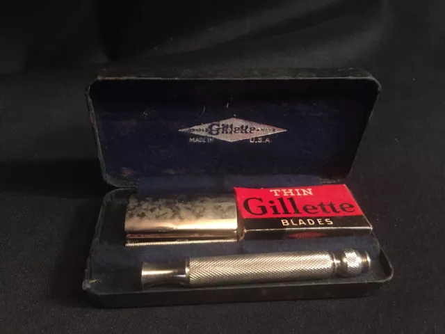 Vintage Gillette Safety Razor W/ Leather Wrapped Felt Lined Box