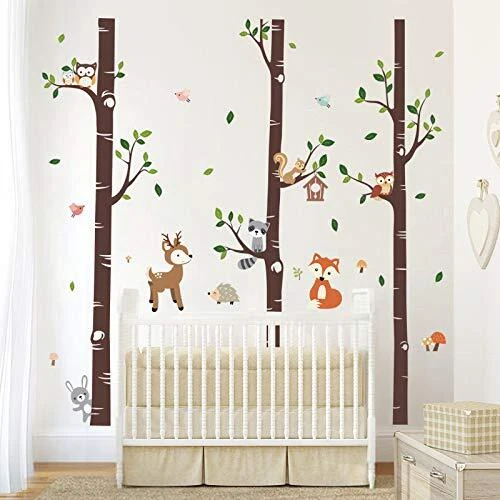 Large Birch Tree and Forest Animal Wall Decals Owl Squirrel Deer Wall