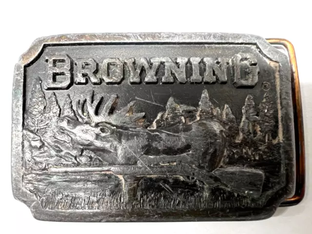 Vintage BROWNING Brass Belt Buckle Firearms Hunting Moose