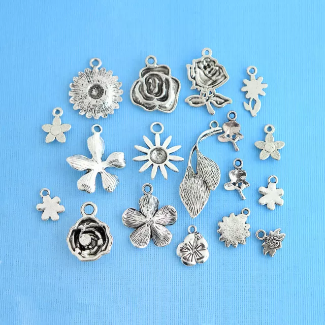FLOWER CHARM COLLECTION Deluxe Antique Silver Tone 18 Charms - COL084 ...