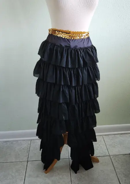 Full Ruffle Leg Stretch Pants Black Costume Gold Sequin Waist Latin Dance Sz S/M