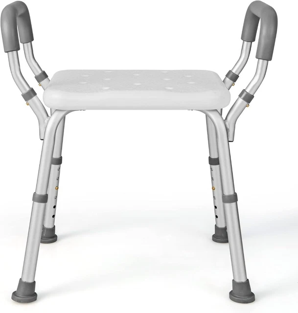 Shower Stool 6 Heights Adjustable Padded Armrests Drain Holes Non-Slip Foot Pads