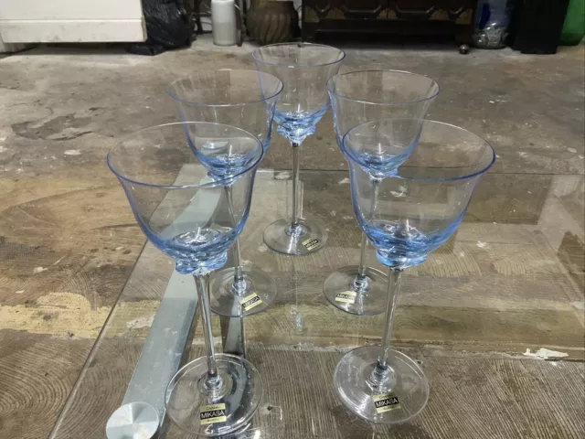 Vintage!!!Mikasa Light Blue  Wine/Water Glasses Goblets Set of 5 Rare!!!!!