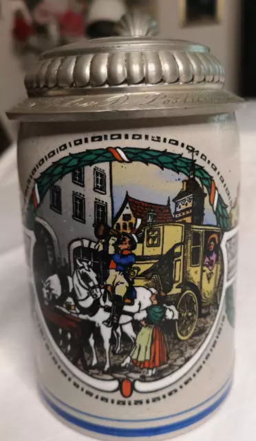 Sehr schöner alter Jugendstil Bierkrug aus Keramik  mit Zinndeckel, handgearbeit