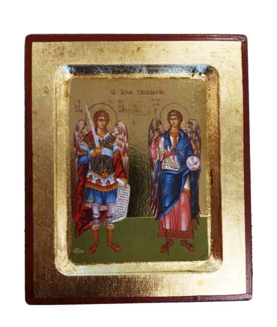 Greek Orthodox Handmade Wooden Icon Archangel Michael and Gabriel 02 12.5x10cm