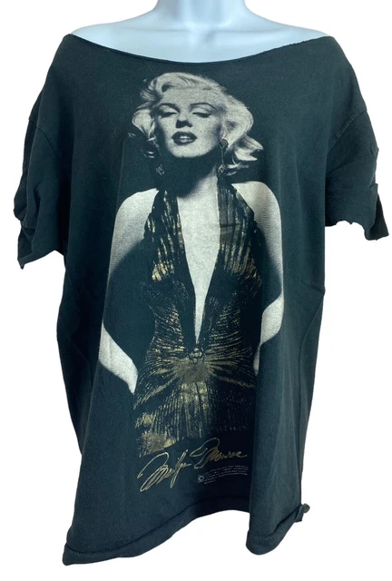 Marilyn Monroe Black Distressed T-Shirt Sz XL DIY Wide Neck Off The Shoulder Tee