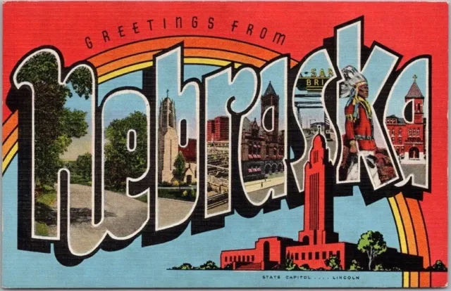 Vintage NEBRASKA Large Letter Postcard State Capitol View / KROPP Linen c1940s