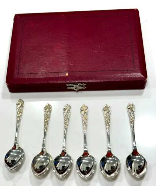 6 Japanese Meiji Jungin Sterling Silver Spoons Cased Flowers & Leaves Decoration