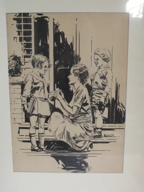 Vintage Original Art Illustration Mother & Children  Water Color 1920 - 1930