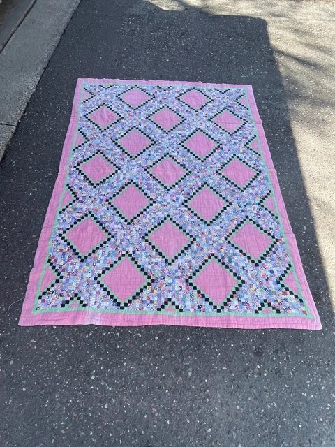 Vintage Antique Patchwork Handmade Quilt Bedspread Hand Sewn Geometric Pattern