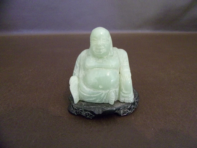 Vintage Hand Carved Green Jade Buddha Figurine On Base