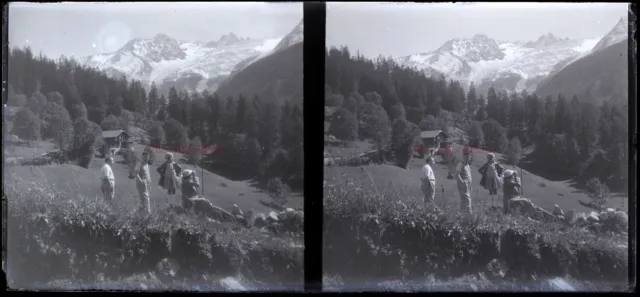 Alpes Montagnes Famille c1930 Photo NEGATIVE Plaque de verre Stereo Vintage VR16