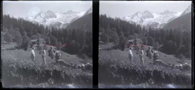 Alpes Montagnes Famille c1930 Photo NEGATIVE Plaque de verre Stereo Vintage VR16