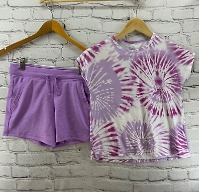 32 Degrees Outfit Girls Sz M 10-12 Purple Tie-Die T-Shirt With Drawstring Shorts