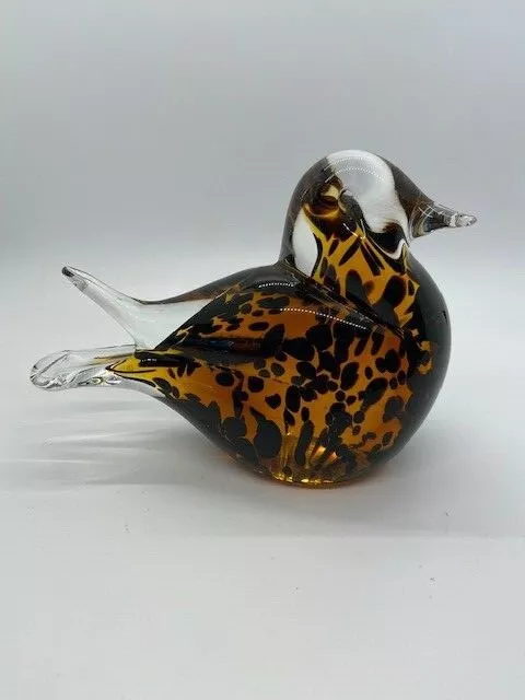 VTG Hand Blown Art Glass Amber and Black Bird Figurine Paperweight EUC