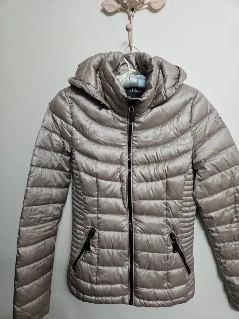 Calvin Klein Premium Down Quilted Hooded Silver Quilted Puffer Jacket XS