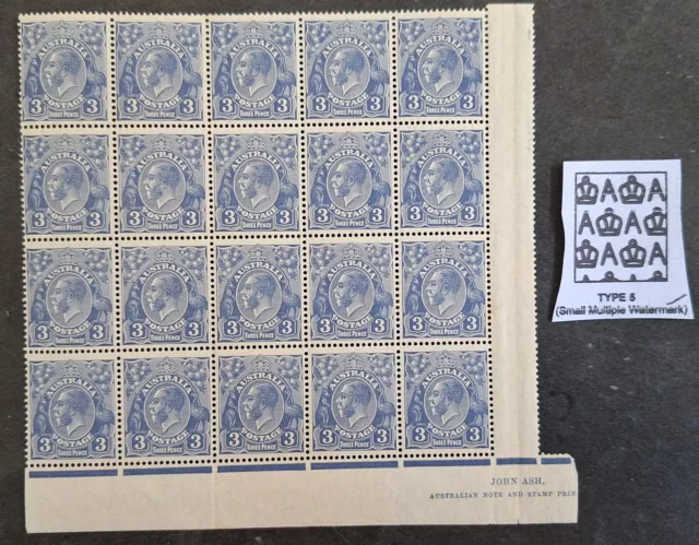 1929 Australia Block 20X3d Blue KGV Stamps SMWMK P13 1/2X12 1/2 Die 2 MUH