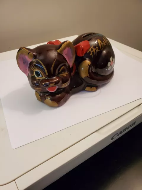 Vintage Redware  Brown Cat For Our New Home Piggy Bank