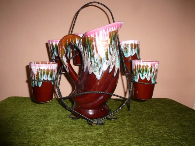 Vintage French Vallauris Drip Glaze Lemonade Set With Stand