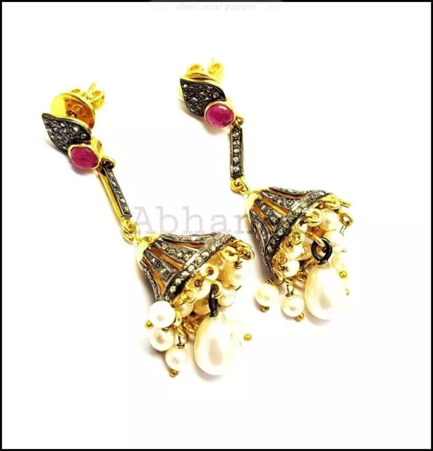925 Sterling Silver Beautiful Ruby, Pearl And Pave Diamond Jhumka Earring