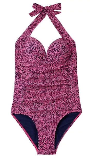 JOULES Jasmine Swimsuit Size 10 Navy Pink Spot Padded Ruched Halterneck NEW OL80