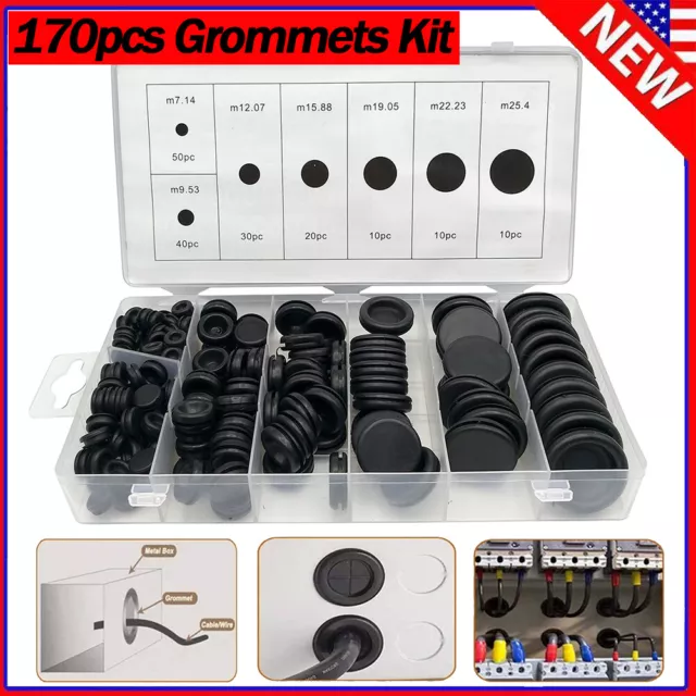 170PCS Rubber Grommet Firewall Hole Plug Electrical Wiring Gasket Assortment Kit